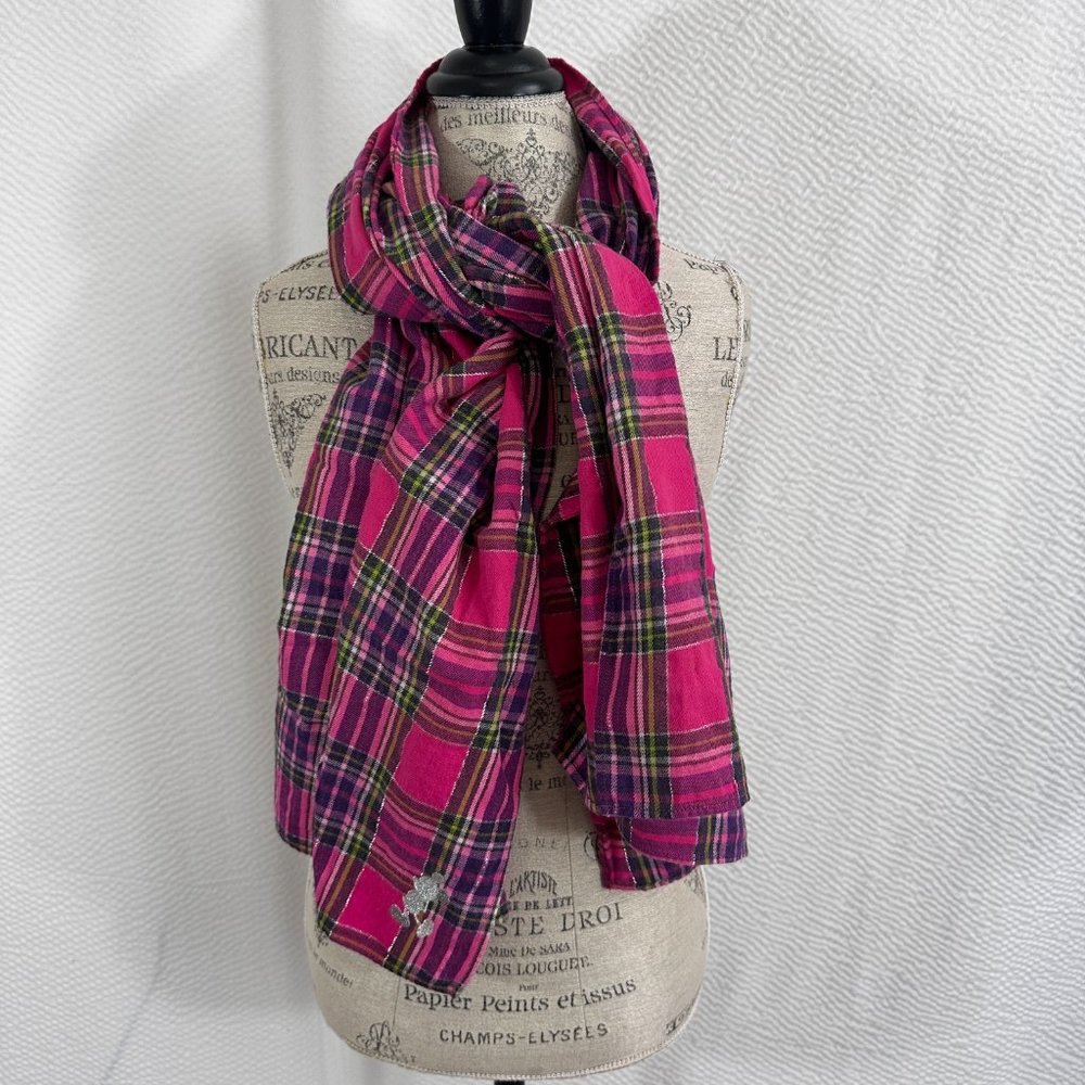 Disney Parks Mickey Mouse Pink White Plaid Fringed Scarf Mod Mickey Embroidered